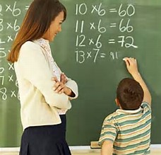 Teacher helping student at chalk board