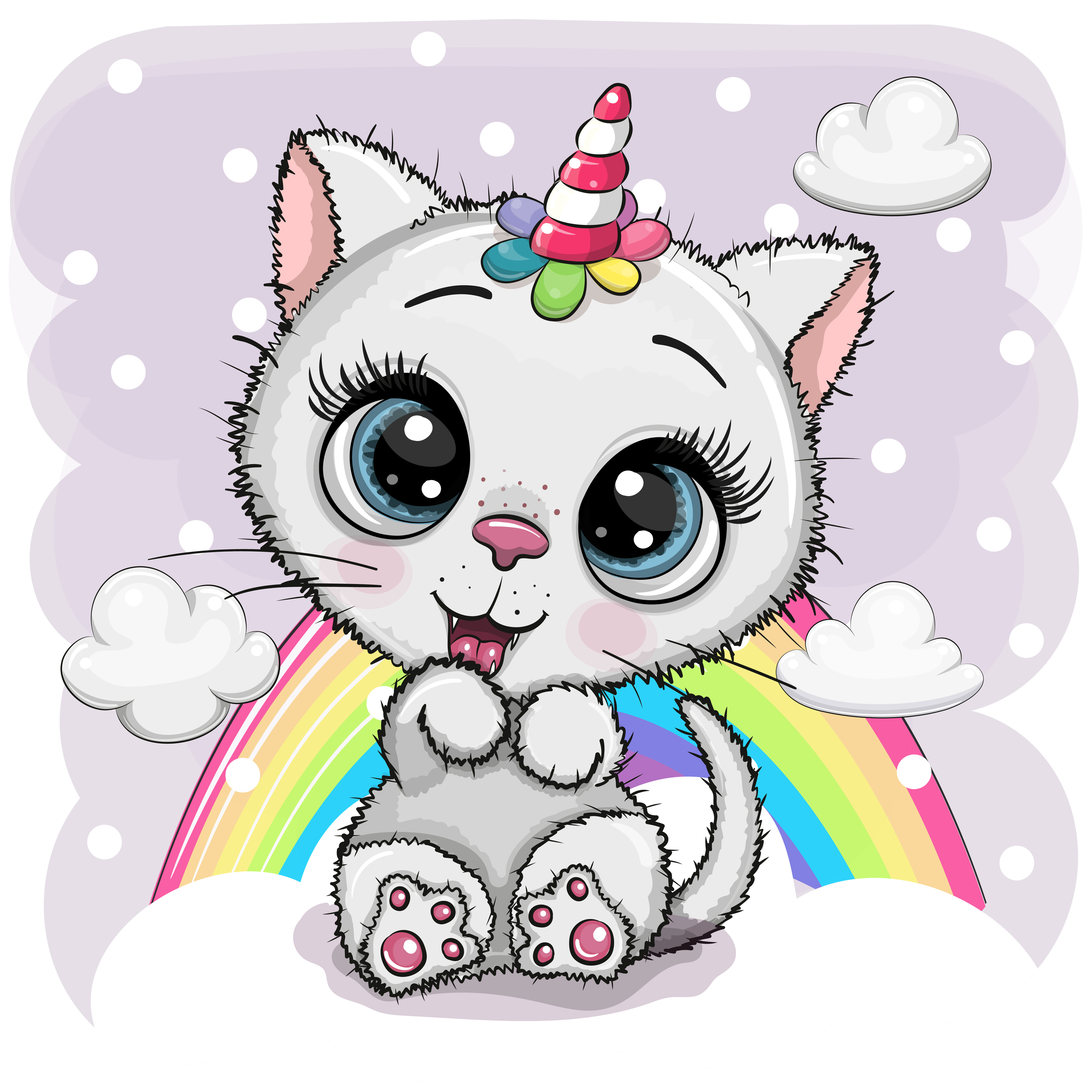 Cute Cartoon White Kitten With The Horn Of A Unicorn On Clouds - Kramer