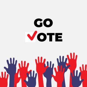 Go Vote graphic with red and blue hands raised along bottom
